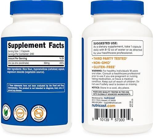Nutricost Zinc Picolinate 50mg, 240 Vegetarian Capsules - Gluten Free and Non-GMO (240 Caps) - görsel 7