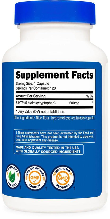 Nutricost 5-HTP 200mg, 120 Vegetarian Capsules (5-Hydroxytryptophan) - Non-GMO & Gluten Free
