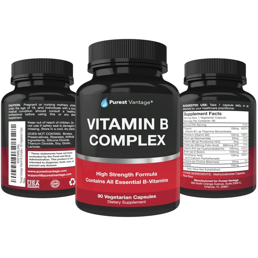 Purest vantage Vitamin B Complex Vitamins B12, B1, B2, B3, B5, B6, B7, B9, Folic Acid - Super B Complex Vitamins for Women, Men, Adults - 90 Vegetarian Capsules - görsel 1