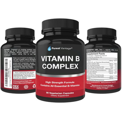 Purest vantage Vitamin B Complex Vitamins B12, B1, B2, B3, B5, B6, B7, B9, Folic Acid - Super B Complex Vitamins for Women, Men, Adults - 90 Vegetarian Capsules