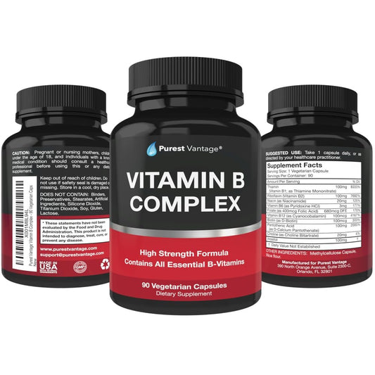 Purest vantage Vitamin B Complex Vitamins B12, B1, B2, B3, B5, B6, B7, B9, Folic Acid - Super B Complex Vitamins for Women, Men, Adults - 90 Vegetarian Capsules
