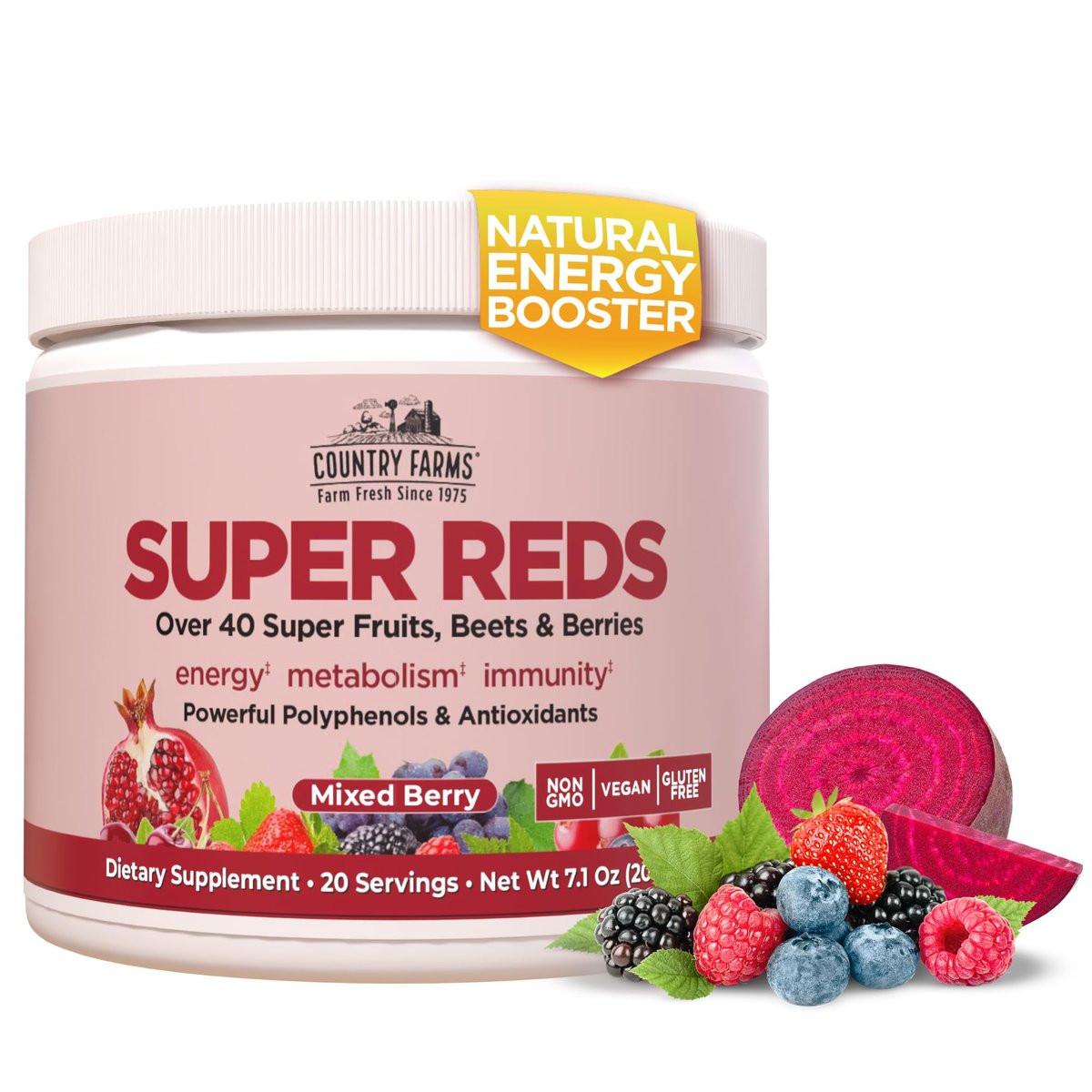 COUNTRY FARMS Super Reds, Energizing Polyphenol Superfood, 48 Super Fruits and Berries, Powerful Antioxidants and Polyphenols, Supports Energy, 20 Servings, Mixed Berry Flavor - görsel 1