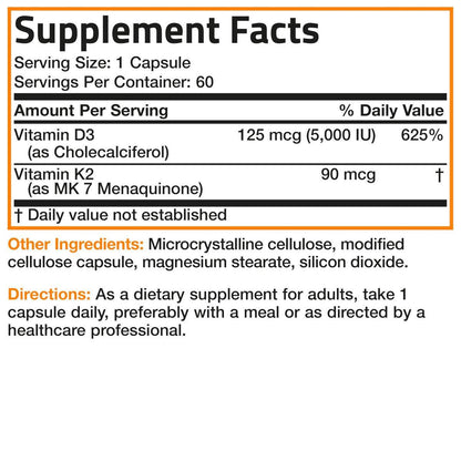 Bronson Vitamin K2 (MK7) with D3 Supplement Non-GMO Formula 5000 IU Vitamin D3 & 90 mcg K2 MK-7 Easy to Swallow D & K Complex, 120 Capsules