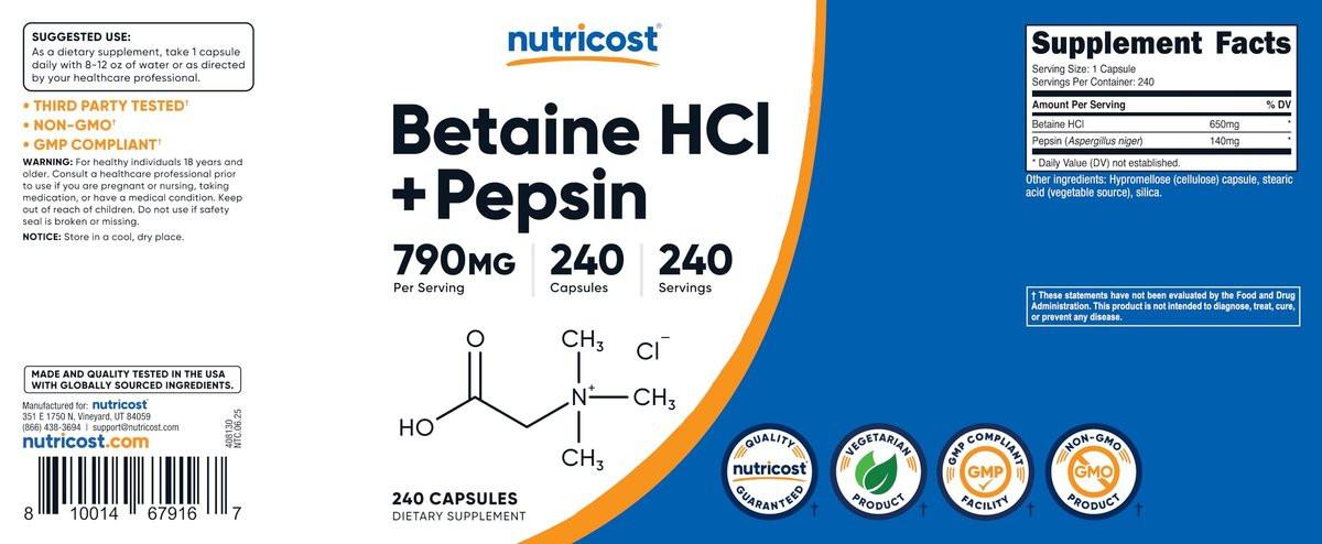 Nutricost Betaine HCl + Pepsin 790mg, 240 Capsules - Vegetarian & GMO Free - görsel 2