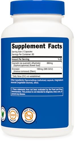 Nutricost Quercetin with Bromelain, 880mg Quercetin + 165mg Bromelain Per Serving, 120 Capsules, 60 Servings (2 Caps Per Serving) - Vegetarian, Non-GMO & Gluten Free