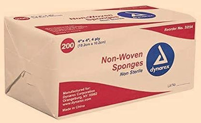 Dynarex Non-Woven Sponges, Non-Sterile, Gauze, for Cleansing, Prepping and Dressing, Highly-Absorbent, Less Linting, 4-Pack, 4"x 4", 4 Ply, 800 Sponges (Packaging May Vary)