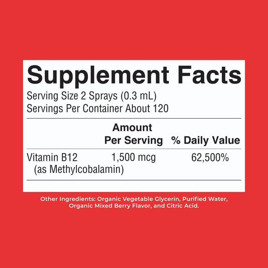 MARYRUTH'S Organic Methyl B12 Spray | 1,500 mcg B12 Per Serving | Methylcobalamin | Energy Metabolism | Cognitive Function | Neuro Health | Vegan | Gluten Free | Sugar Free | 1 Fl Oz