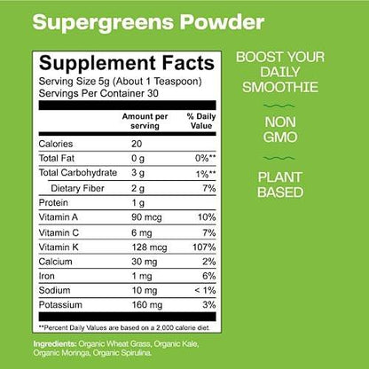 Amazing Grass Super Greens Booster: Greens Powder Smoothie Mix with Spirulina, Moringa, Wheat Grass & Kale Smoothie Booster, Chlorophyll Providing Greens, 30 Servings