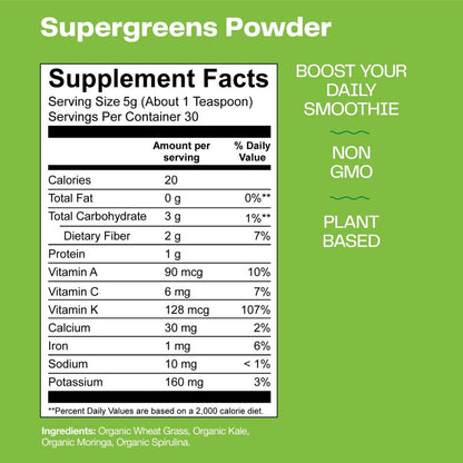 Amazing Grass Super Greens Booster: Greens Powder Smoothie Mix with Spirulina, Moringa, Wheat Grass & Kale Smoothie Booster, Chlorophyll Providing Greens, 30 Servings