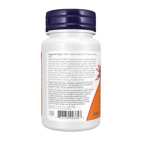 NOW Foods Supplements, Mega D-3 & MK-7 with Vitamins D-3 & K-2, 5,000 IU/180 mcg, Bone & Cardiovascular Support*, 60 Veg Capsules - görsel 6