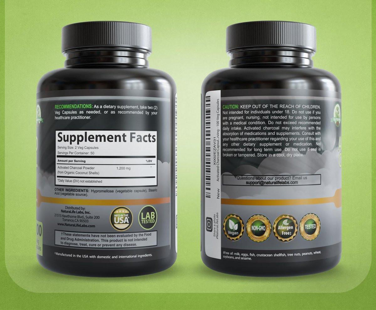NaturaLife Labs Activated Charcoal 1200 mg per Serving – from Coconut Shells – 100 Veg Capsules – Non-GMO, Gluten-Free, Vegan - görsel 13