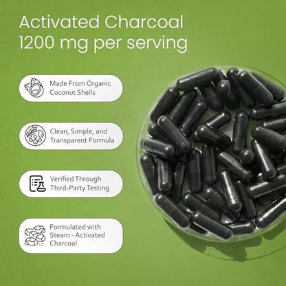NaturaLife Labs Activated Charcoal 1200 mg per Serving – from Coconut Shells – 100 Veg Capsules – Non-GMO, Gluten-Free, Vegan