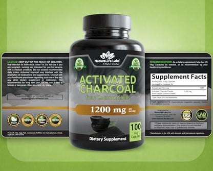 NaturaLife Labs Activated Charcoal 1200 mg per Serving – from Coconut Shells – 100 Veg Capsules – Non-GMO, Gluten-Free, Vegan