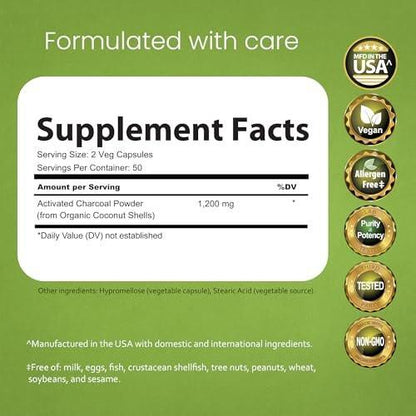 NaturaLife Labs Activated Charcoal 1200 mg per Serving – from Coconut Shells – 100 Veg Capsules – Non-GMO, Gluten-Free, Vegan