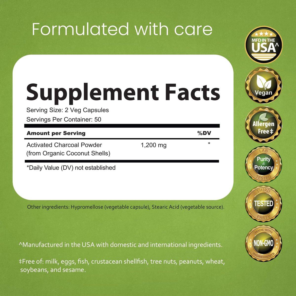 NaturaLife Labs Activated Charcoal 1200 mg per Serving – from Coconut Shells – 100 Veg Capsules – Non-GMO, Gluten-Free, Vegan - görsel 3