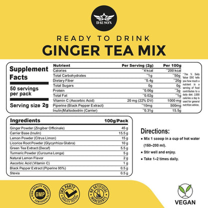 Refreshing Ginger Turmeric Tea Mix | Blend of Decaf Green Tea, Lemon, Licorice, Vitamin C – Caffeine-Free, Vegan, Gut-Friendly Detox Tea - Herbal Tea Powder - 50 Servings