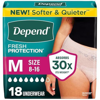 Depend Fresh Protection Adult Diapers, Incontinence Underwear for Women, Disposable, Maximum, Medium, Blush, 18 Count