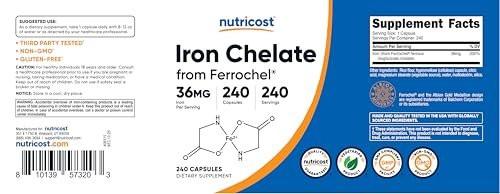Nutricost Chelated Iron, As Ferrochel, 36mg, 240 Capsules - görsel 1