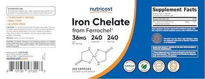 Nutricost Chelated Iron, As Ferrochel, 36mg, 240 Capsules