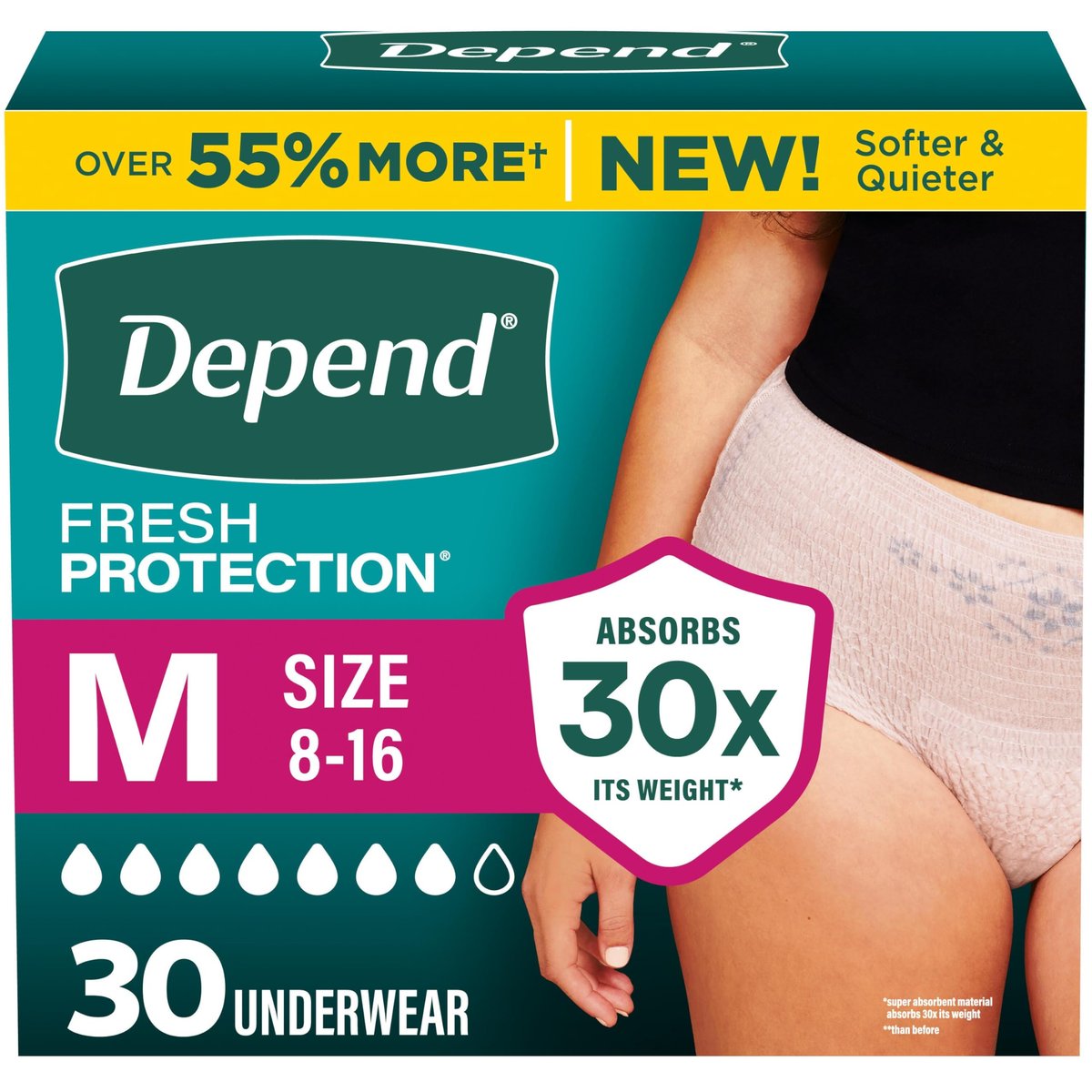 Depend Fresh Protection Adult Diapers, Incontinence Underwear for Women, Disposable, Maximum, Medium, Blush, 30 Count - görsel 1