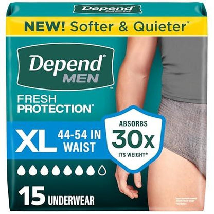 Depend Fresh Protection Adult Diapers, Incontinence Underwear for Men, Disposable, Maximum, Extra-Large, Grey, 15 Count