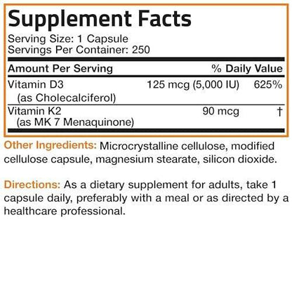 Bronson Vitamin K2 (MK7) with D3 Supplement Non-GMO Formula 5000 IU Vitamin D3 & 90 mcg K2 MK-7 Easy to Swallow D & K Complex, 250 Capsules