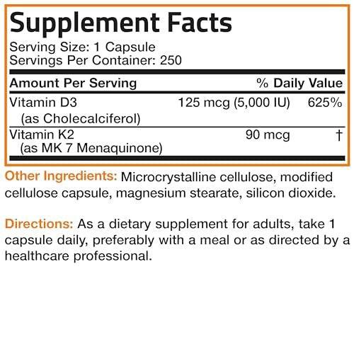 Bronson Vitamin K2 (MK7) with D3 Supplement Non-GMO Formula 5000 IU Vitamin D3 & 90 mcg K2 MK-7 Easy to Swallow D & K Complex, 250 Capsules - görsel 9