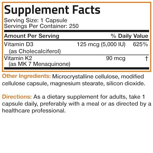 Bronson Vitamin K2 (MK7) with D3 Supplement Non-GMO Formula 5000 IU Vitamin D3 & 90 mcg K2 MK-7 Easy to Swallow D & K Complex, 250 Capsules - görsel 13