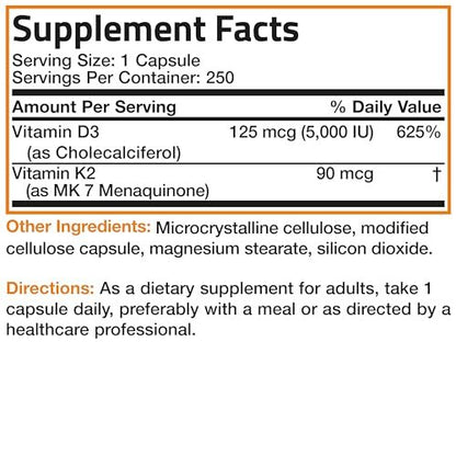 Bronson Vitamin K2 (MK7) with D3 Supplement Non-GMO Formula 5000 IU Vitamin D3 & 90 mcg K2 MK-7 Easy to Swallow D & K Complex, 250 Capsules