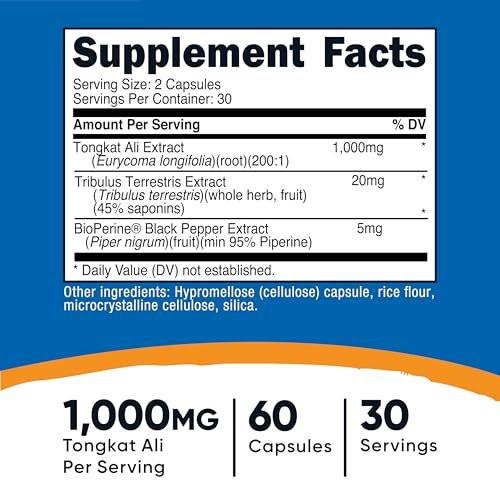 Nutricost Tongkat Ali 1,000mg 60 Capsules - with Tribulus Terrestris and BioPerine, Vegetarian Caps, Non-GMO, Gluten Free, Potent Extract - görsel 4