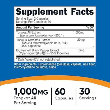 Nutricost Tongkat Ali 1,000mg 60 Capsules - with Tribulus Terrestris and BioPerine, Vegetarian Caps, Non-GMO, Gluten Free, Potent Extract