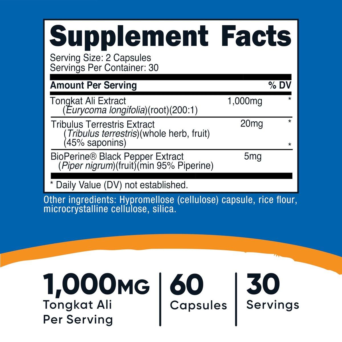 Nutricost Tongkat Ali 1,000mg 60 Capsules - with Tribulus Terrestris and BioPerine, Vegetarian Caps, Non-GMO, Gluten Free, Potent Extract - görsel 3