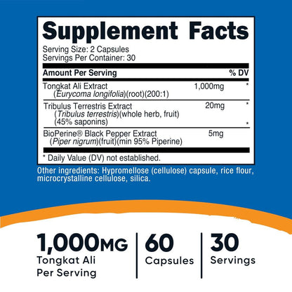 Nutricost Tongkat Ali 1,000mg 60 Capsules - with Tribulus Terrestris and BioPerine, Vegetarian Caps, Non-GMO, Gluten Free, Potent Extract
