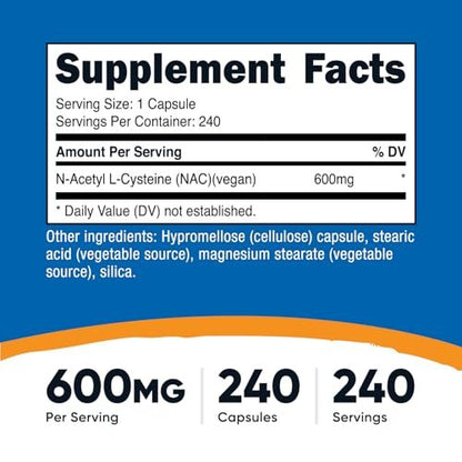 Nutricost N-Acetyl L-Cysteine (NAC) 600mg, 240 Vegetarian Capsules - Vegan, Non-GMO, Gluten Free