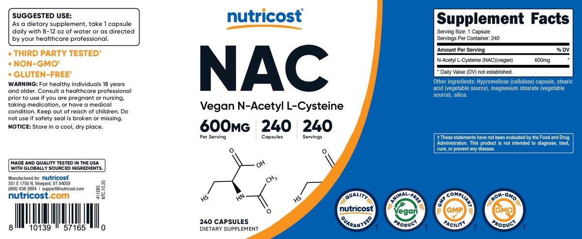 Nutricost N-Acetyl L-Cysteine (NAC) 600mg, 240 Vegetarian Capsules - Vegan, Non-GMO, Gluten Free - görsel 2
