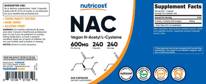 Nutricost N-Acetyl L-Cysteine (NAC) 600mg, 240 Vegetarian Capsules - Vegan, Non-GMO, Gluten Free