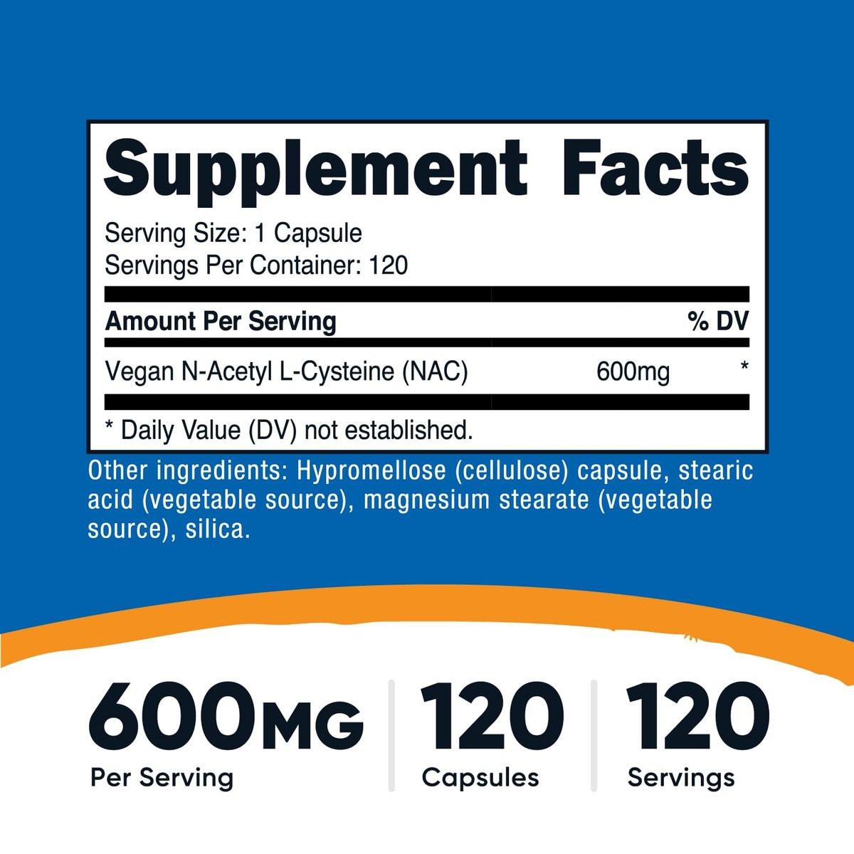 Nutricost N-Acetyl L-Cysteine (NAC) 600mg, 120 Vegetarian Capsules - Non-GMO, Gluten Free, Vegetarian Caps - görsel 4