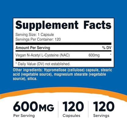 Nutricost N-Acetyl L-Cysteine (NAC) 600mg, 120 Vegetarian Capsules - Non-GMO, Gluten Free, Vegetarian Caps