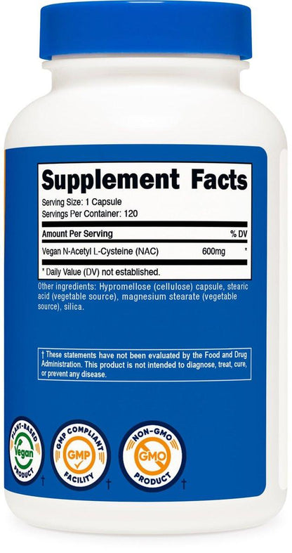 Nutricost N-Acetyl L-Cysteine (NAC) 600mg, 120 Vegetarian Capsules - Non-GMO, Gluten Free, Vegetarian Caps