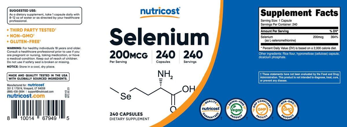 Nutricost Selenium 200mcg, 240 Vegetarian Capsules, Non-GMO, Gluten Free L-Selenomethionine - görsel 7