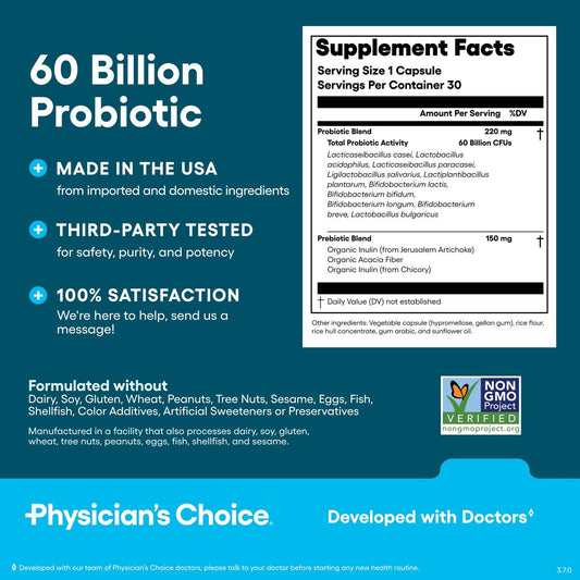 Physician's CHOICE Probiotics 60 Billion CFU - 10 Strains + Organic Prebiotics - Immune, Digestive & Gut Health - Supports Occasional Constipation, Diarrhea, Gas & Bloating - for Women & Men - 30ct