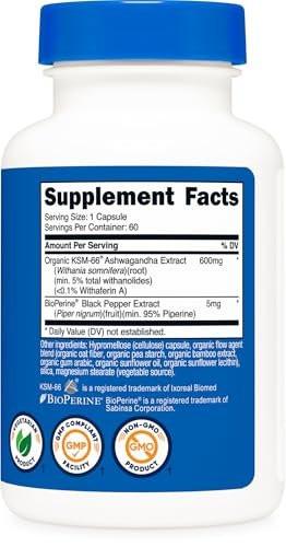 Nutricost KSM-66 Ashwagandha Root Extract 600mg, 60 Veggie Caps - 5% Withanolides - with BioPerine - Full-Spectrum Root Extract