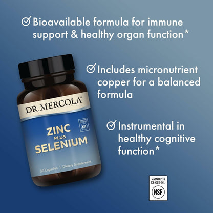 Dr. Mercola Zinc Plus Selenium - Mineral Blend Supplement - for Immune, Brain & Respiratory Support - Contains Zinc Glycinate Chelate & Copper - GMO-Free & Gluten-Free - 30 Capsules (30 Servings)