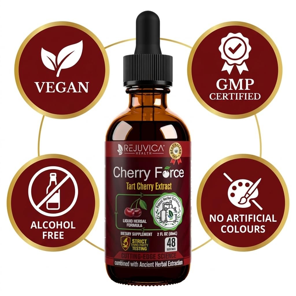 Rejuvica Health Cherry Force Montmorency Tart Cherry Liquid Drops 2 Fl Oz | Joint & Uric Acid Support | Helps with Inflammation, Sleep & Recovery | High Absorption Liquid Extract | Vegan Supplement - görsel 5