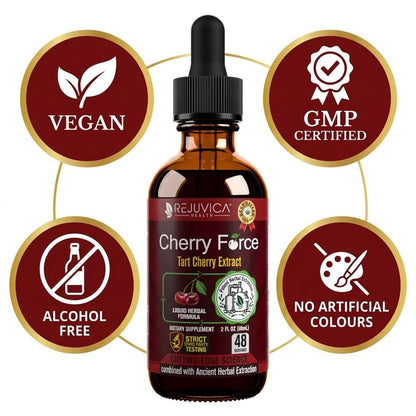 Rejuvica Health Cherry Force Montmorency Tart Cherry Liquid Drops 2 Fl Oz | Joint & Uric Acid Support | Helps with Inflammation, Sleep & Recovery | High Absorption Liquid Extract | Vegan Supplement