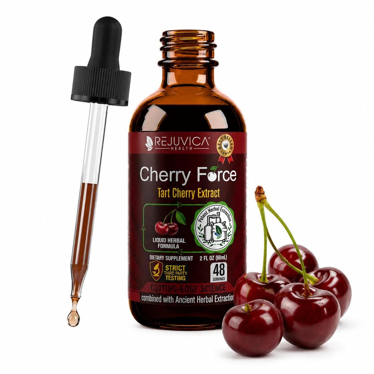 Rejuvica Health Cherry Force Montmorency Tart Cherry Liquid Drops 2 Fl Oz | Joint & Uric Acid Support | Helps with Inflammation, Sleep & Recovery | High Absorption Liquid Extract | Vegan Supplement - görsel 1