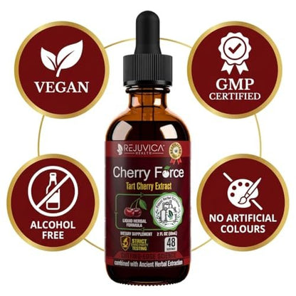 Rejuvica Health Cherry Force Montmorency Tart Cherry Liquid Drops 2 Fl Oz | Joint & Uric Acid Support | Helps with Inflammation, Sleep & Recovery | High Absorption Liquid Extract | Vegan Supplement