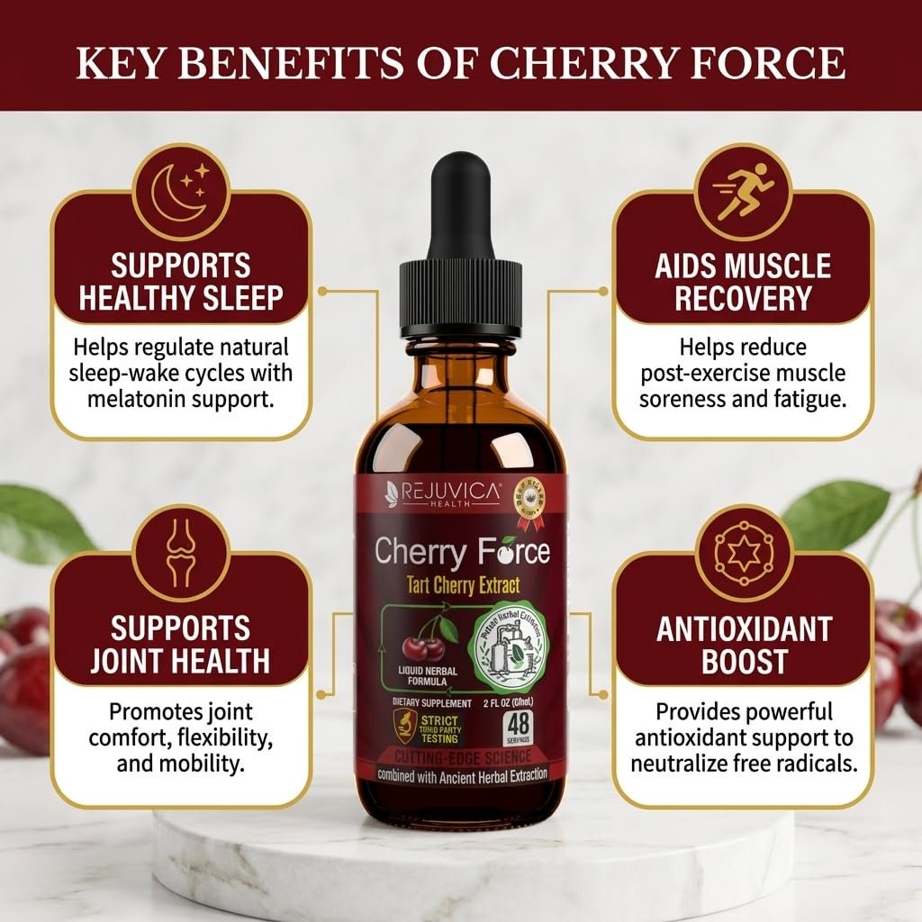 Rejuvica Health Cherry Force Montmorency Tart Cherry Liquid Drops 2 Fl Oz | Joint & Uric Acid Support | Helps with Inflammation, Sleep & Recovery | High Absorption Liquid Extract | Vegan Supplement - görsel 15