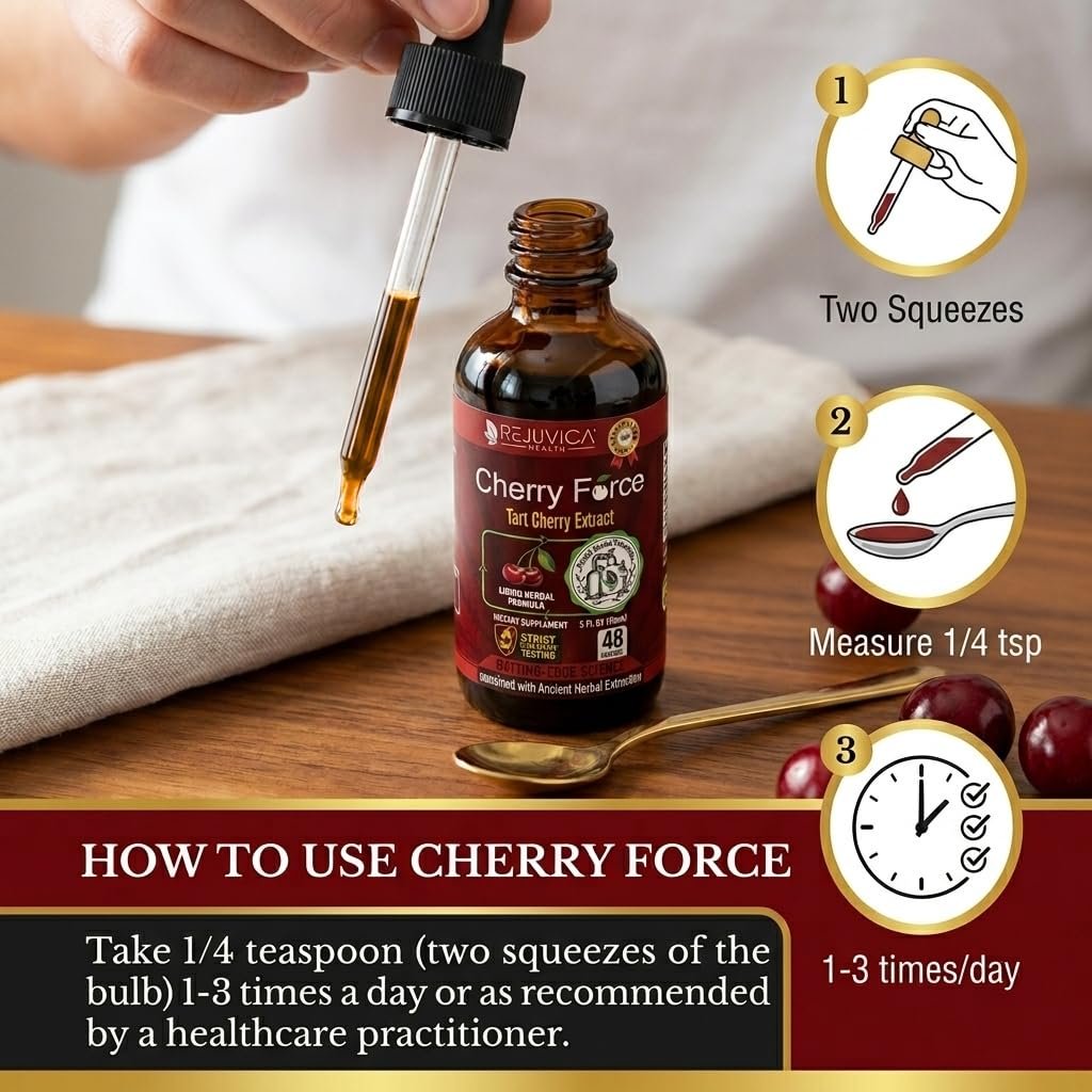 Rejuvica Health Cherry Force Montmorency Tart Cherry Liquid Drops 2 Fl Oz | Joint & Uric Acid Support | Helps with Inflammation, Sleep & Recovery | High Absorption Liquid Extract | Vegan Supplement - görsel 11
