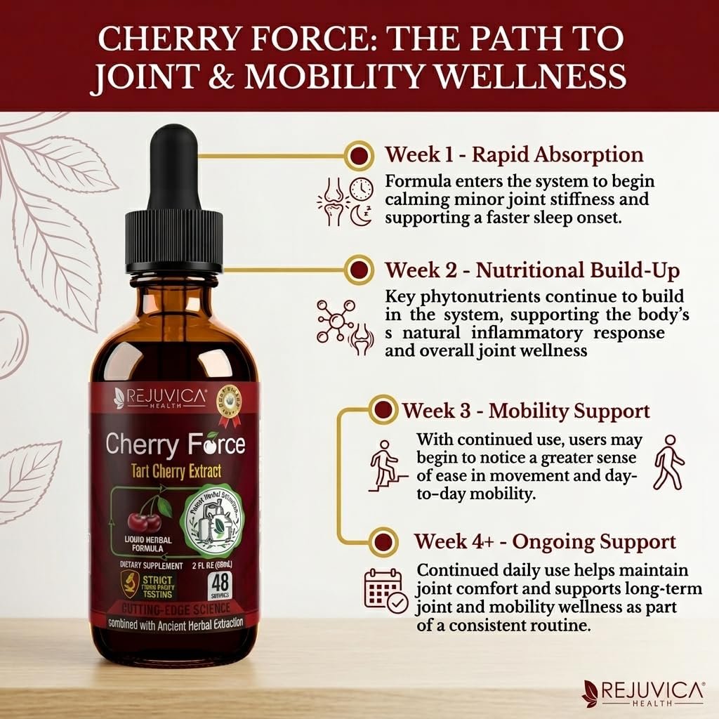 Rejuvica Health Cherry Force Montmorency Tart Cherry Liquid Drops 2 Fl Oz | Joint & Uric Acid Support | Helps with Inflammation, Sleep & Recovery | High Absorption Liquid Extract | Vegan Supplement - görsel 13